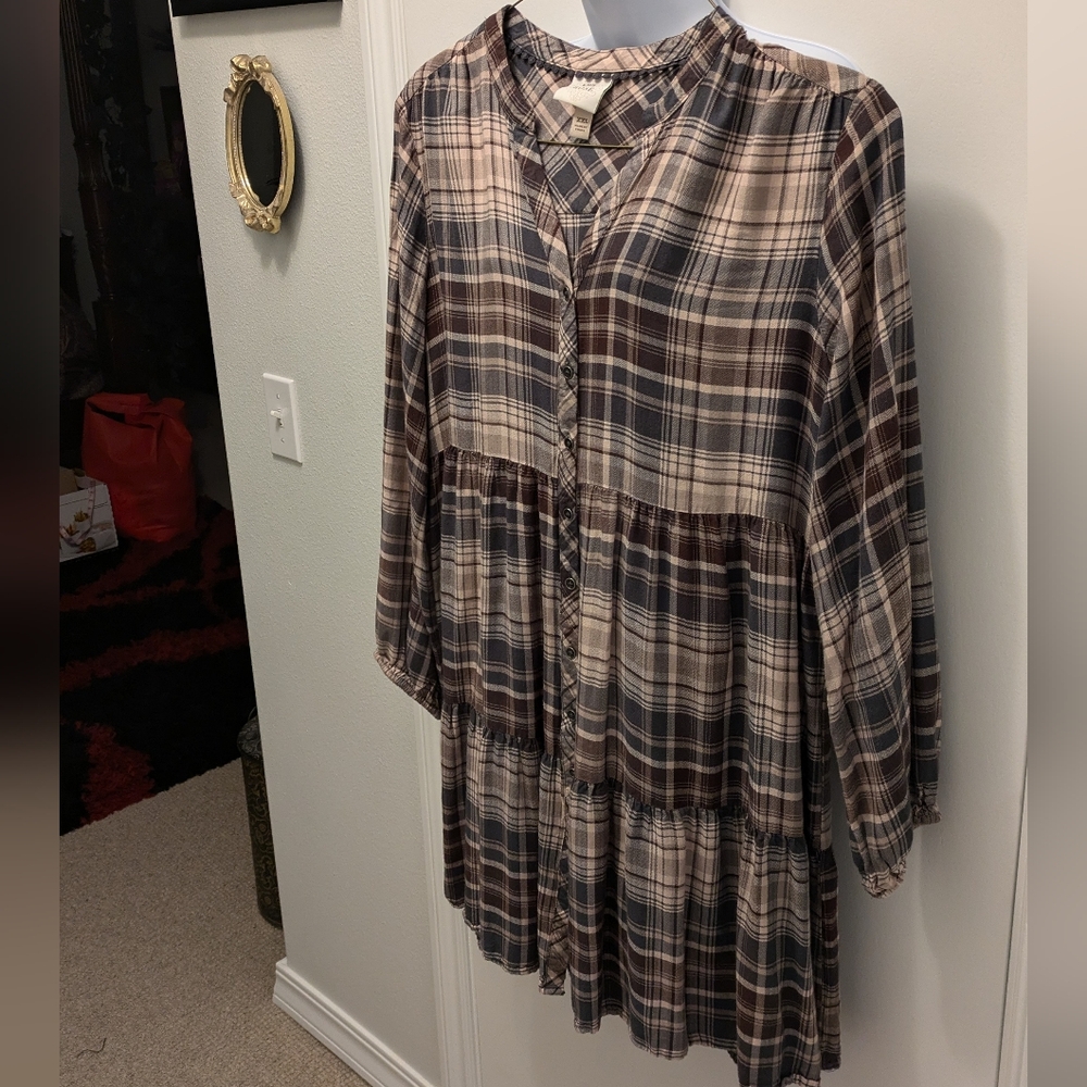 Brown & Cream Plaid Dress With Button Up Front & Tiered Skirt Size XXL